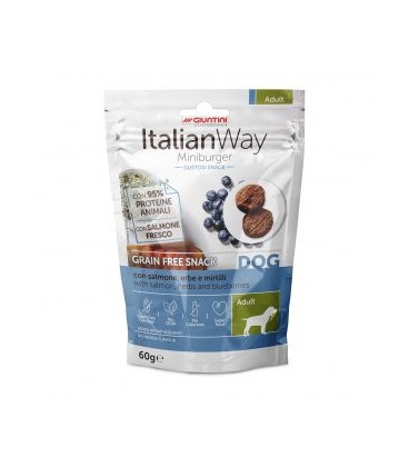 Italianway Cani Con salmone, erbe e mirtilli Grain free snack Miniburger Adult 60 gr