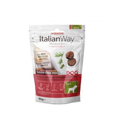 Italianway Ricco in manzo, con formaggio e rosmarino Grain free snack Miniburger cani Adult 60 gr