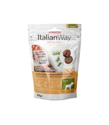 Italianway Ricco in pollo, con pomodoro e rosmarino Grain free snack Miniburger cani Adult 60 gr