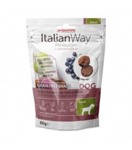 Italianway Ricco in anatra, con mela e mirtilli Grain free snack Miniburger cani Adult 60 gr