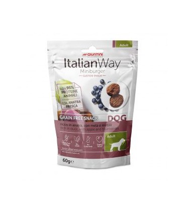 Italianway Ricco in anatra, con mela e mirtilli Grain free snack Miniburger cani Adult 60 gr