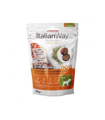 Italianway Ricco in maiale, con pomodoro e erbe Grain free snack Miniburger Cane Adult 60 gr