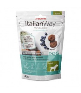 Italianway Con trota, erbe e mirtilli Grain free snack Miniburger cani Adult 60 gr