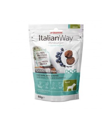 Italianway Con trota, erbe e mirtilli Grain free snack Miniburger cani Adult 60 gr